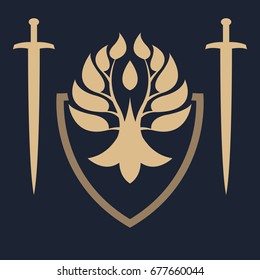 Abstract shield with leaves and swords. Unique template of the security company. Security sign.
