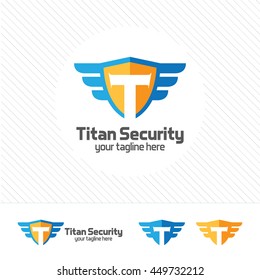 Abstract shield letter T logo design vector. Security concept with letter T in the middle of shield and wings. 