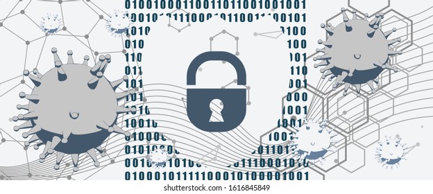 Abstract shield with lock. Antivirus software concept. Connected lines with dots. Binary code on backdrop