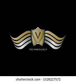 Abstract Shield on Wing letter V  logo icon design concept for technology business or more brand identity.