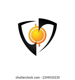 Abstract shield shape in gradient black color and gold coin applied for security crypto wallet logo design. Vector illustration EPS.8 EPS.10