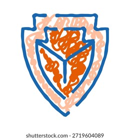 Icono en forma de escudo Abstractas con contornos azules y texturas internas de garabatos naranja y rosa claro, que representan protección, resistencia y diseño tradicional