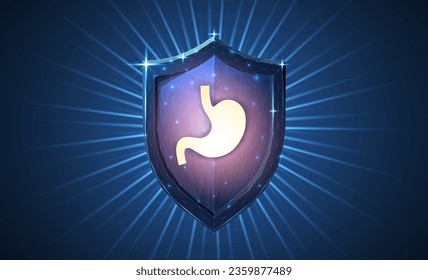 Escudo abstracto con icono de estómago. Protección del estómago, gastroenterología 3D, salud intestinal, tecnología endoscópica, sistema digestivo, órgano gástrico, enfermedad por reflujo ácido, concepto intestinal sano