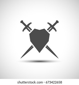 Abstract shield and sword emblem.