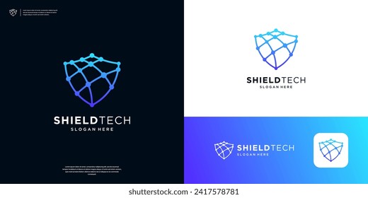 Abstract shield tech logo design. security data network logo template