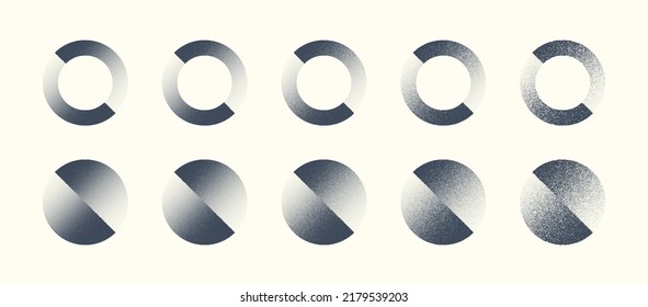 Abstract Shifted Circles Hand Drawn Retro Dotwork Art Vector Set In Different Variations Isolated On Light Background. Various Degree Black Noise Stipple Dots Figures Design Element Texture Collection