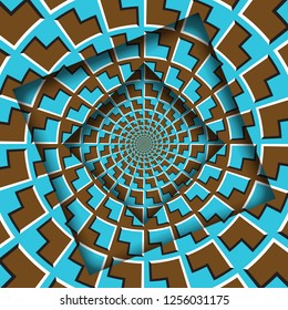 Abstract shifted frames with a moving blue brown arrows pattern. Optical illusion background.