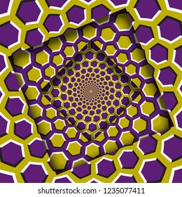 Abstract shifted frames with a moving yellow purple hexagons pattern. Optical illusion background.