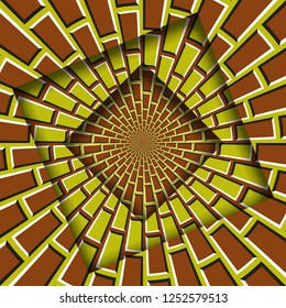 Abstract shifted frames with a moving yellow brown brickwork pattern. Optical illusion background.