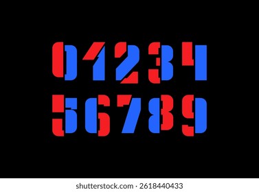 Abstract shifted numbers, multi colored broken numeral set made cut effect, vector illustration 10EPS