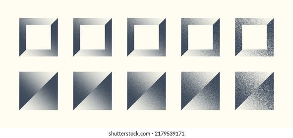 Abstract Shifted Square Shapes Hand Drawn Retro Dotwork Art Vector Set In Different Variations Isolated On Light Back. Various Degree Black Noise Stipple Dots Figures Design Element Texture Collection