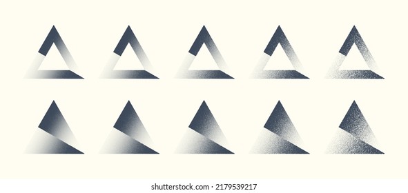 Abstract Shifted Triangle Shapes Hand Drawn Retro Dotwork Art Vector Set In Different Variations Isolated On Light Back. Various Degree Black Noise Stippling Figures Design Element Texture Collection