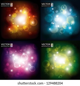 Abstract Shine Light Flare Flying Rays Background CMYK Color Collection Set.