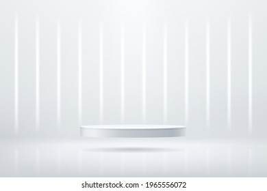 Abstract shine silver cylinder pedestal podium. Sci-fi empty room concept with vertical glowing neon lighting. Vector rendering 3d shape, Product display presentation. Futuristic minimal wall scene.