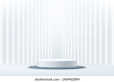 Abstract shine silver cylinder pedestal podium. Sci-fi empty room concept with vertical glowing neon lighting. Vector rendering 3d shape, Product display presentation. Futuristic minimal wall scene.