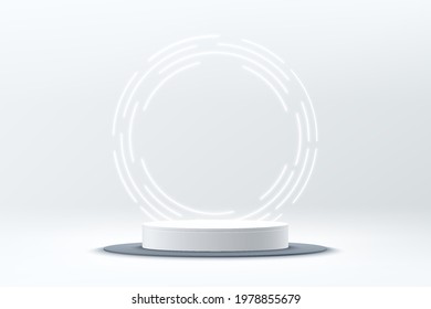 Abstract Shine Silver Cylinder Pedestal Podium. Sci-fi White Empty Room Concept With Circle Glowing Neon Lighting. Vector Rendering 3d Shape, Product Display Presentation. Futuristic Wall Scene.