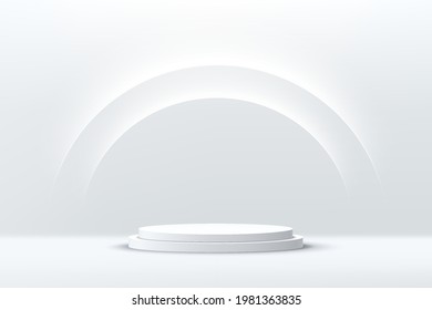 Abstract shine silver cylinder pedestal podium. Sci-fi white empty room concept with semi circle glowing neon lighting. Vector rendering 3d shape, Product display presentation. Futuristic wall scene. - Shutterstock ID 1981363835