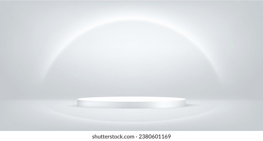 Abstract shine silver cylinder pedestal podium. Sci-fi white empty room concept with semi circle glowing neon lighting.