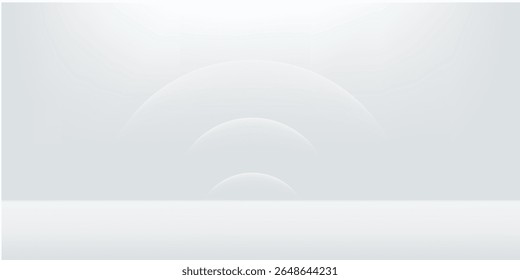 Abstract shine silver cylinder pedestal podium. Sci-fi white empty room concept with semi circle glowing neon lighting.