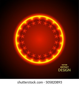 The abstract shining background. A round banner in a retro style. A billboard with the burning stars and the place for the text. A circular template with orange illumination.