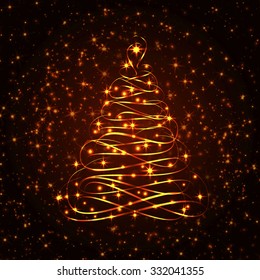 Abstract shining christmas tree on sparkling background.Twinkling electric lights. For greeting cards or web design.Vector illustration