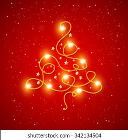 Abstract shining Christmas tree on a red background