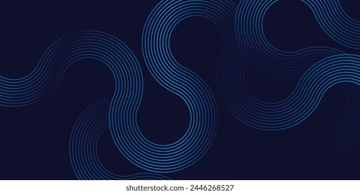 Abstractas líneas de círculo brillante sobre fondo azul oscuro. Diseño de arte de línea geométrica. Líneas azules brillantes modernas. Concepto de tecnología futurista. Plantilla Horizontal del Anuncio. Vector Eps10