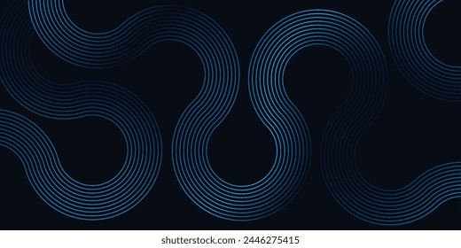 Abstract shining circle lines on dark blue background. Geometric line art design. Modern shiny blue lines. Futuristic technology concept. Horizontal banner template. Eps10 vector