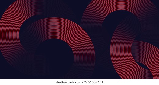 Abstractas líneas de círculo brillante sobre fondo azul oscuro. Diseño de arte de línea geométrica. Líneas rojas brillantes modernas. Concepto de tecnología futurista.