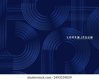 Abstract shining circle lines on dark blue background. Geometric line art design. Modern shiny blue lines. Futuristic technology concept for, poster, cover, banner, brochure, website, etc.