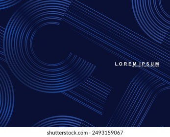 Abstract shining circle lines on dark blue background. Geometric line art design. Modern shiny blue lines. Futuristic technology concept for, poster, cover, banner, brochure, website, etc.