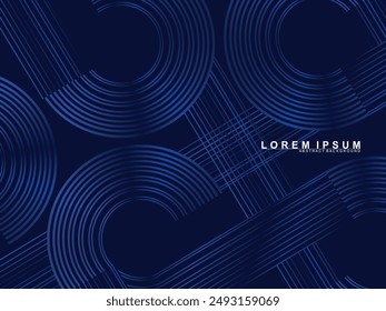 Abstract shining circle lines on dark blue background. Geometric line art design. Modern shiny blue lines. Futuristic technology concept for, poster, cover, banner, brochure, website, etc.