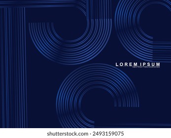 Abstract shining circle lines on dark blue background. Geometric line art design. Modern shiny blue lines. Futuristic technology concept for, poster, cover, banner, brochure, website, etc.