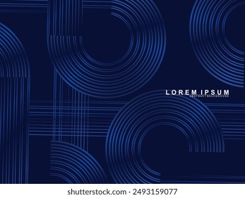 Abstract shining circle lines on dark blue background. Geometric line art design. Modern shiny blue lines. Futuristic technology concept for, poster, cover, banner, brochure, website, etc.