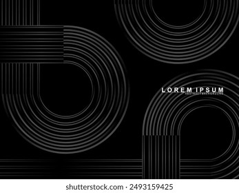 Abstract shining circle lines on black background. Geometric line art design. Modern shiny black lines. Futuristic technology concept. Suitable for posters, covers, banners, brochures, websites, etc.