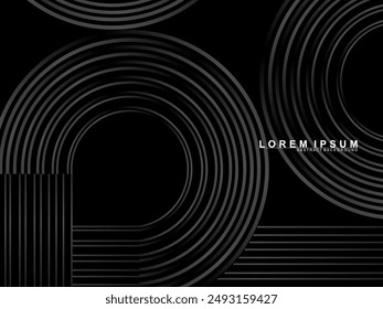 Abstract shining circle lines on black background. Geometric line art design. Modern shiny black lines. Futuristic technology concept. Suitable for posters, covers, banners, brochures, websites, etc.