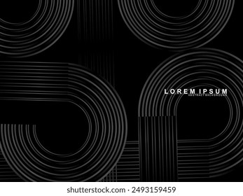 Abstractas líneas de círculo brillante sobre fondo negro. Diseño de arte de línea geométrica. Modernas líneas negras brillantes. Concepto de tecnología futurista. Adecuado para carteles, portadas, Anuncios, folletos, Sitios web, etc.