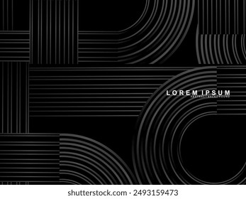 Abstractas líneas de círculo brillante sobre fondo negro. Diseño de arte de línea geométrica. Modernas líneas negras brillantes. Concepto de tecnología futurista. Adecuado para carteles, portadas, Anuncios, folletos, Sitios web, etc.