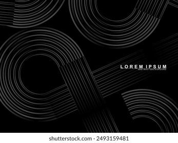 Abstract shining circle lines on black background. Geometric line art design. Modern shiny black lines. Futuristic technology concept. Suitable for posters, covers, banners, brochures, websites, etc.