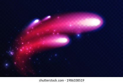 Abstract shining comet meteorite shape, firework glowing light effect vector illustration. Neon fire trail of firecracker explosion, meteor asteroid flying in space on dark transparent background