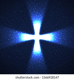 Abstract shining cross with glowing rays and particles. Religious symbol. Vector christian sign