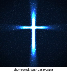 Abstract shining cross with glowing rays and particles. Religious symbol. Vector christian sign