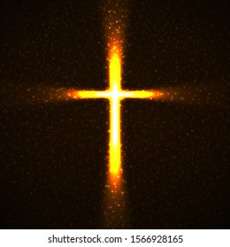 Abstract shining cross with glowing rays and particles. Religious symbol. Vector christian sign