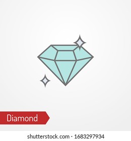 Abstract shining diamond with sparkles. Isolated crystal icon in flat style. Typical precious gemstone, the symbol of success, richness or welth. Vector stock image.