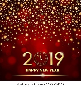 Abstract shining falling stars on red ambient blurred background. New Year 2019 concept. Luxury design. Vector illustration