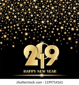 Abstract shining falling stars on black ambient blurred background. New Year 2019 concept. Luxury design. Vector illustration