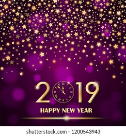 Abstract shining falling stars on purple ambient blurred background. New Year 2019 concept. Luxury design. Vector illustration