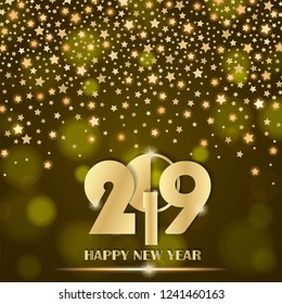 Abstract shining falling stars on yellow ambient blurred background. New Year 2019 concept. Luxury design. Vector illustration