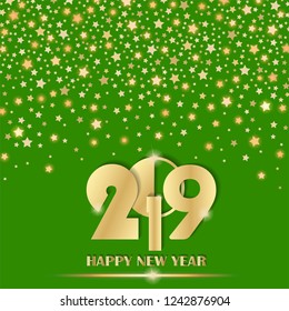 Abstract shining falling stars on green ambient blurred background. New Year 2019 concept. Luxury design. Vector illustration