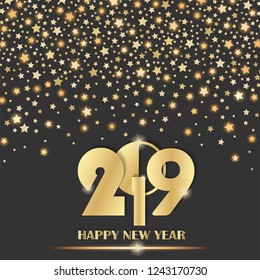Abstract shining falling stars on grey ambient blurred background. New Year 2019 concept. Luxury design. Vector illustration